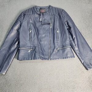 Olivia Miller Jacket Womens 1X Blue Moto Faux Leather Quilted Zip Pockets Biker